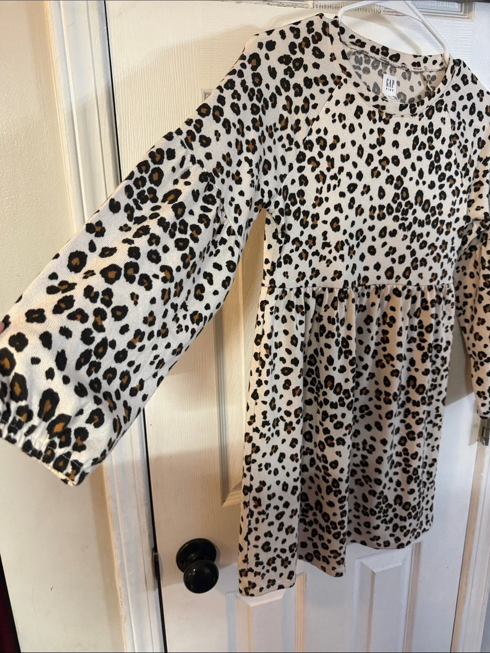 GAP Girls Leopard Print Long Sleeve Dress in Beige, Tan & Black